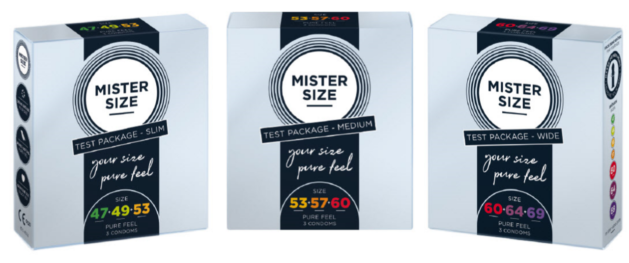 Τρεις διαφορετικές συσκευασίες δοκιμής προφυλακτικών Mister Size